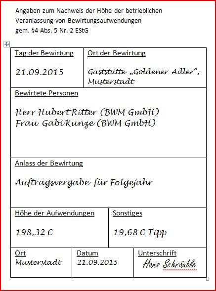 Anforderungen bewirtungsbeleg 2017